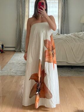 Strapless White linen Maxi Dress with Orange Floral Print - GORGEOUS
